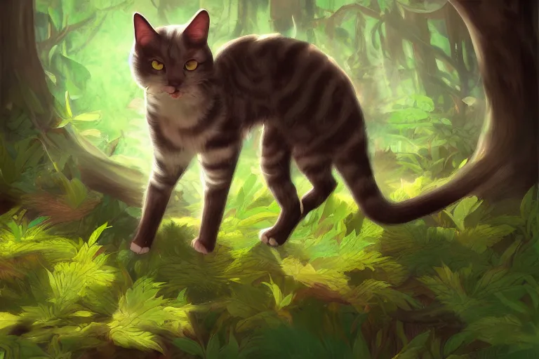 Image similar to cat in the forest, warm backlighting, digital art, trending on artstation, fanart, by kawacy