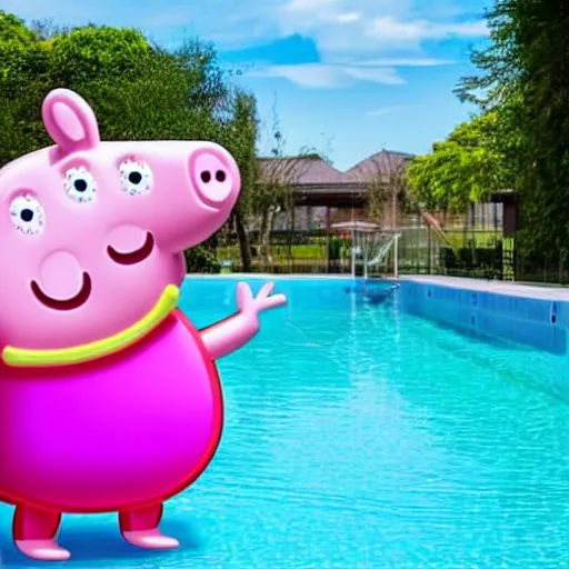 Image similar to an inflatable float of Peppa Pig in the centre of a luxury hotel swimming pool