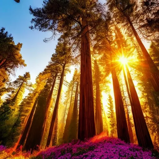 Prompt: A fantasy landscape with flowers and beautiful tall trees, redwoods, sunset