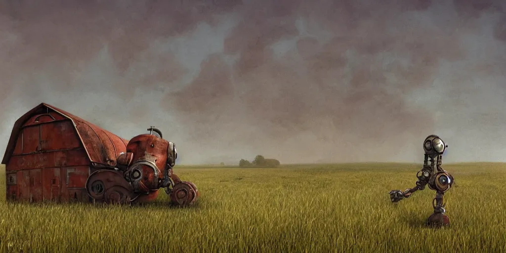 Prompt: a single colossal rusty old robot sad and alone in an empty field in the countryside with a barn on a bright sunny day by mike allred and moebiusand karol bak sharp digital painting. dreaming latent space. matte painting, concept art. artstation. digital render. realistic, 8 k
