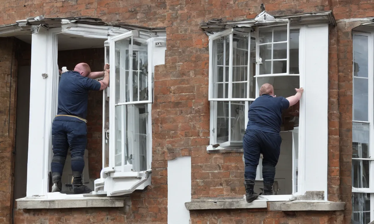 Prompt: photo of overweight mandalorian dismantling sash window in England