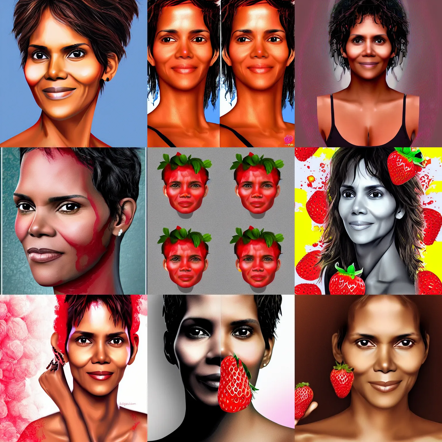 Prompt: halle berry face on a strawberry morph digital art