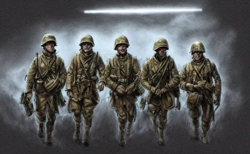 Prompt: highly detailed, high resolution, character design art, colored sketch, stunning, volumetric lightning, from save private ryan movie, matte, sharp focus, 150mm, illustration, trending on twitter, by pathetic medic, cartoon human anatomy, simple design, ww2 era military gear, soldiers