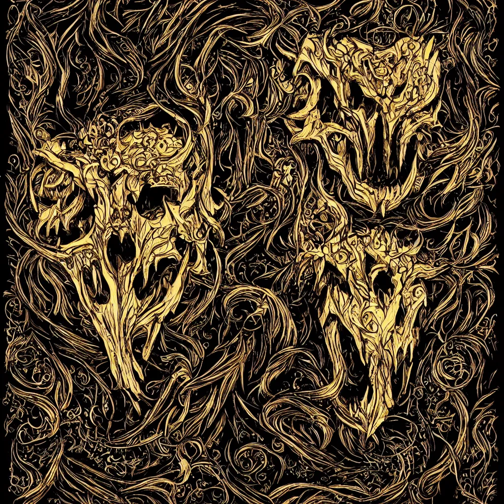 Image similar to photo of wolf skull on bones, dramatic lighting, circural, golden ornaments, symmetric, intricate skeletal decorations, symmetry, highly detailed, concept art, black, glimpse of red, white, gold layers, centered, style of nekroxiii, hyperrealistic, black background, smoke