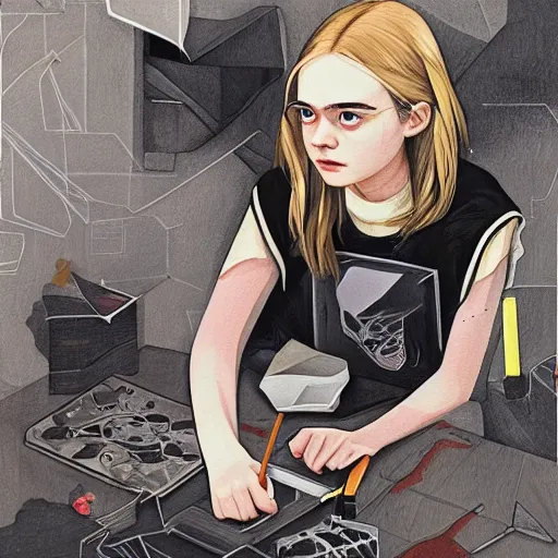 Image similar to Elle Fanning in Edge of Tomorrow picture by Sachin Teng, asymmetrical, dark vibes, Realistic Painting , Organic painting, Matte Painting, geometric shapes, hard edges, graffiti, street art:2 by Sachin Teng:4