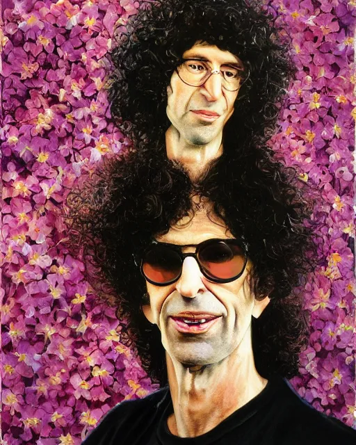 Image similar to a painting of howard stern with flowers in his hair, a character portrait by drew struzan, behance contest winner, american scene painting, oil on canvas, matte drawing, studio portrait