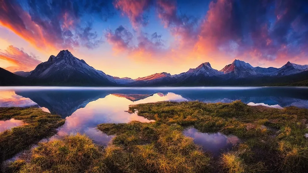 Prompt: amazing landscape photo of mountains with lake in sunset by marc adamus, beautiful dramatic lighting. In front a gecko with a sombrero dancing Samba
