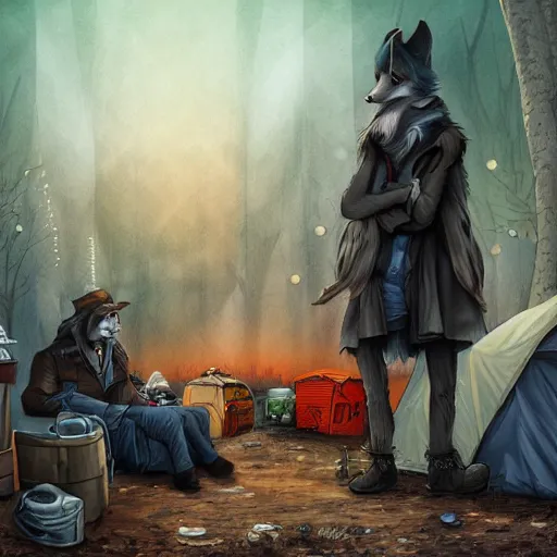 Image similar to humanoid fox detective in a homeless tent city with hobos.. dark, gothic. fine art, masterpiece digital painting, 4 k