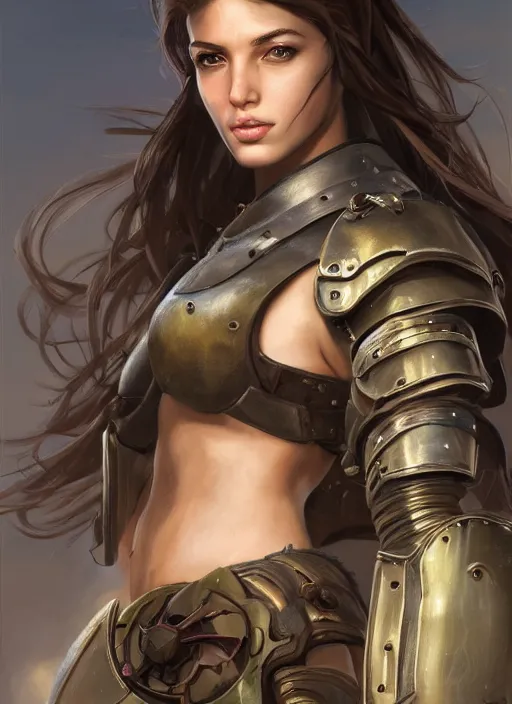 Image similar to a professionally painted portrait of an attractive young girl, partially clothed in battle armor, olive skin, long dark hair, beautiful bone structure, symmetrical facial features, intricate, elegant, heroic pose, digital painting, concept art, smooth, sharp focus, finely detailed, beautifully framed, from Metal Gear, in the style of Artgerm and Greg Rutkowski and William-Adolphe Bouguerea