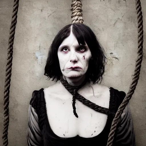 Prompt: dark schizophrenia portrait, death not dresses body woman in medieval dress, strangled with rope, blur effect face, victorian style, high detail