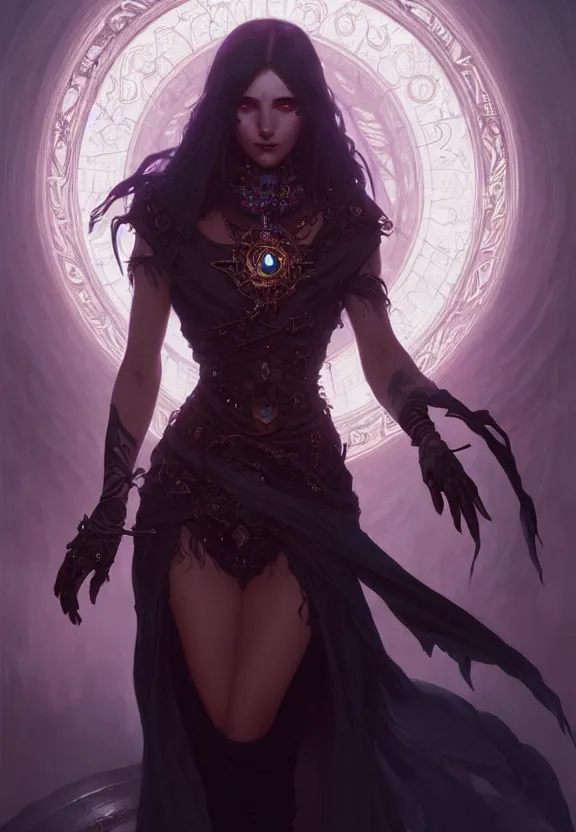 Image similar to Necromancer Sorceress in center, fantasy magic, undercut hairstyle, dark light night, intricate, elegant, sharp focus, illustration, highly detailed, digital painting, concept art, matte, art by WLOP and Artgerm and Greg Rutkowski and Alphonse Mucha, masterpiece