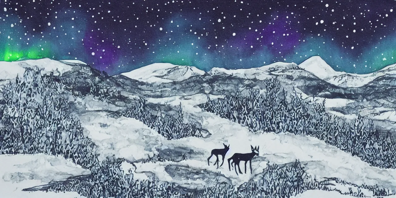 Image similar to laurentian appalachian mountains in winter, unique, original and creative black ink surrealist landscape artwork, snowy night, aurora borealis, deers, lonely human, fascinating textures, dripping paint