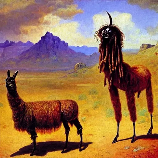 Prompt: detailed baroque portrait of a llama with dreadlocks, realistic creature concept, heroic pose, desert mountain in background, Ilya Repin oil painting, style of Brian Jacques