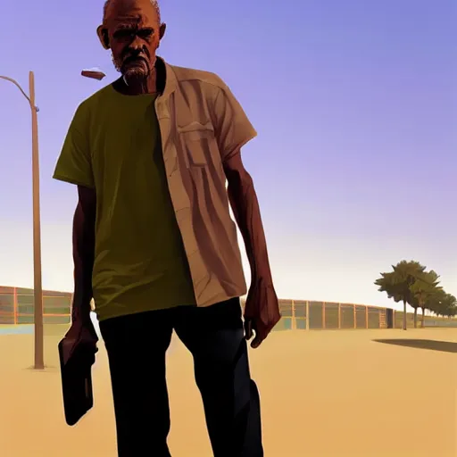 Image similar to old black man, flat background, greg rutkowski gta san andreas art