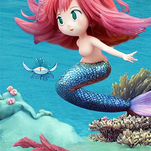 Image similar to Manga cover illustration of an extremely cute and adorable beautiful happy mermaid girl riding on top of a large one-eyed fish, 3d render diorama by Hayao Miyazaki, official Studio Ghibli still, color graflex macro photograph, DAZ Studio 3D