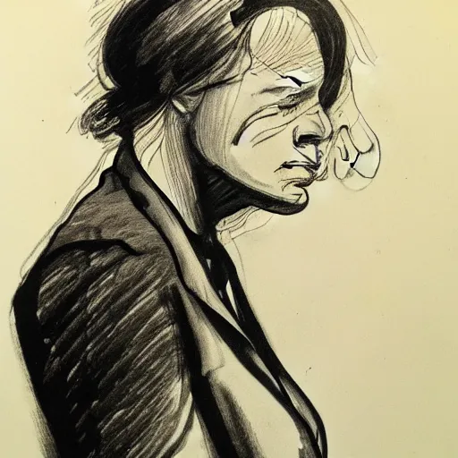 Prompt: ink drawing portrait of a woman in suit by edward hopper and jenny saville and raphael