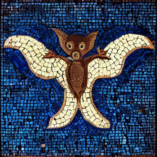 Prompt: medium shot Mosaic depicting a cute realistic adorable vampire bat, realistic wings, looking left, round blue background, from Italica, AD 176-275. Archaeological Museum, Seville. Byzantine mosaics, highly detailed, HQ, HD, beautiful, National Geographic,