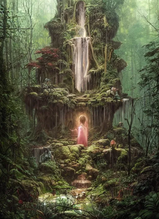 Image similar to a hyper realistic architectural witch shrine under a waterfall in the woods, gorgeous lighting, lush forest foliage, painting by chiara bautista and tom bagshaw, muca beksinski and norman rockwell and greg rutkowski weta studio, and lucasfilm