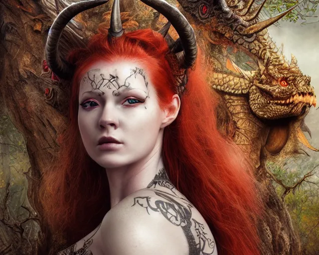 Image similar to 5 5 mm portrait photo of an armored gorgeous anesthetic redhead woman warrior with a face tattoo and horns growing from her head, and small dragon sitting on her shoulder in a magical forest in the style of stefan kostic, art by luis royo. highly detailed 8 k. intricate. lifelike. soft light. nikon d 8 5 0. cinematic post - processing