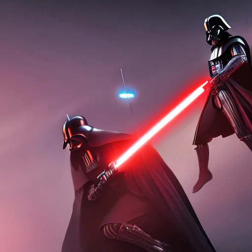 Image similar to darth vader dual wielding iphones, fantasy, sharp focus, digital art, hyper realistic, 4 k, unreal engine, highly detailed, hd, dramatic lighting by brom, trending on artstation