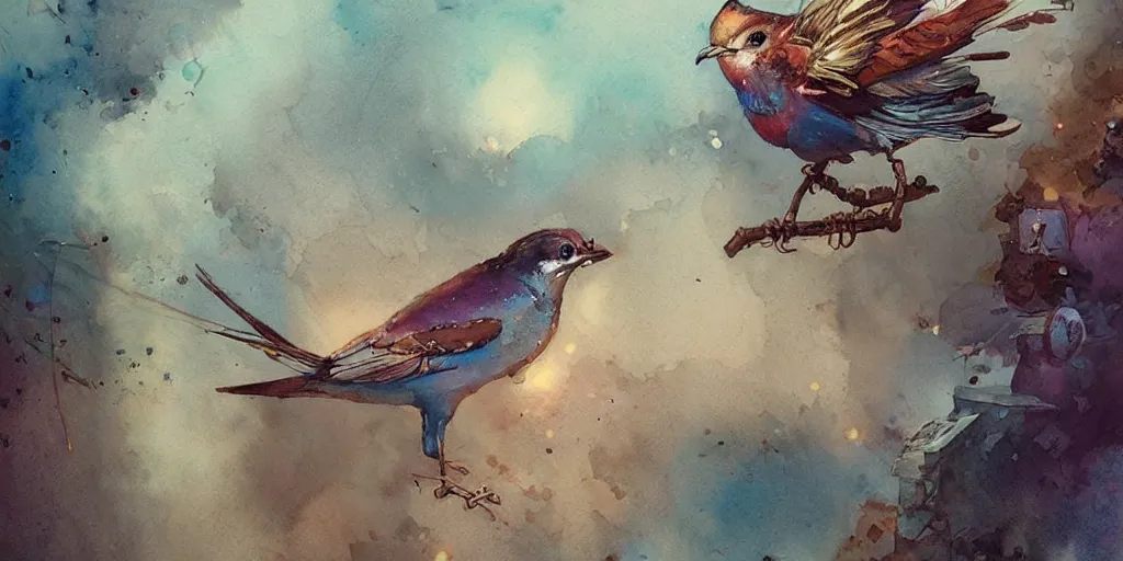 Prompt: a beautiful insanely intricate watercolor illustration of steampunk bird, reflexions, colorfull, by william turner art, by greg rutkowski, by james jean, by rossdraws, by frank franzzeta, by sakimichan, by edmund dulac, trending on artstation, insanely detailed, masterpiece,