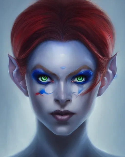 Image similar to A detailed matte oil on canvas head on symmetrical portrait of a distinguished elven woman with a blue eye and a red eye, and red and blue hair (((((makeup))))) by Charlie bowater and lise deharme wlop, trending on artstationhd, dungeons and dragons art critical role