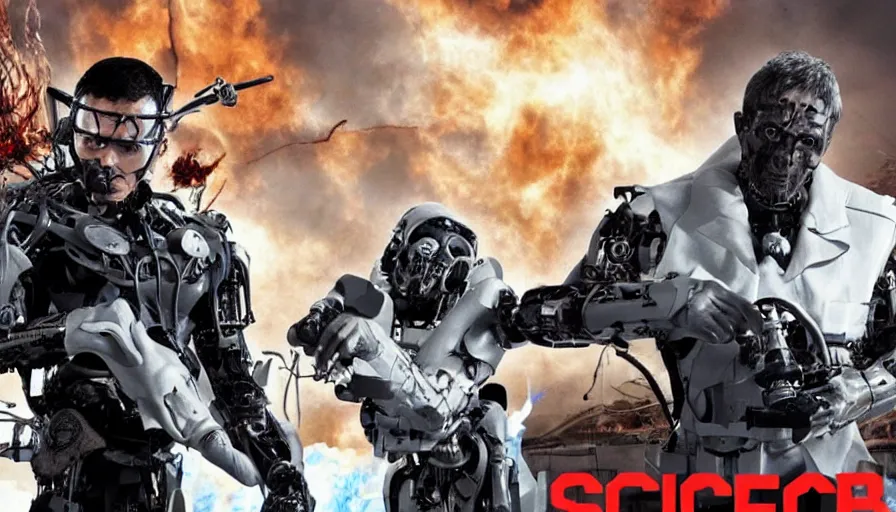 Image similar to big budget action movie about science lab with a demonic battle cyborg