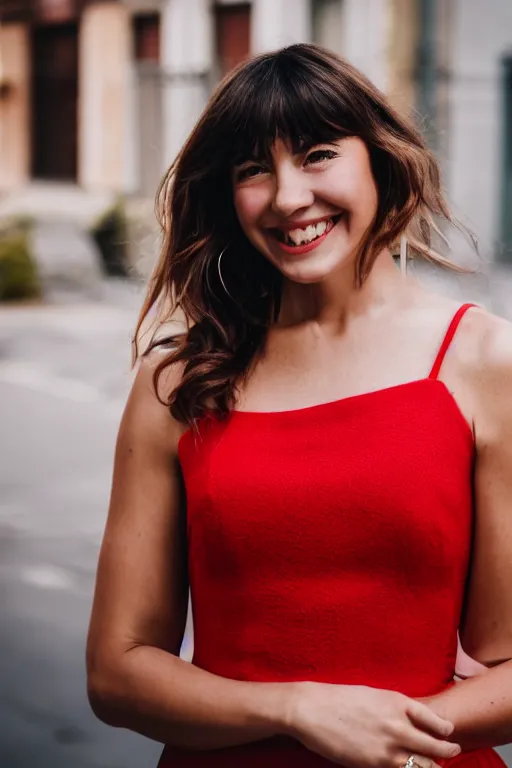 Image similar to blurry close up photo portrait of a smiling pretty woman in a red sleeveless dress, out of focus, street scene