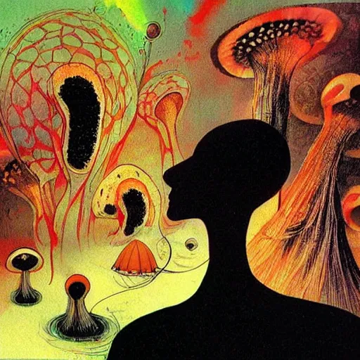 Image similar to psychedelic mushrooms psilocybin dream, by dave mckean