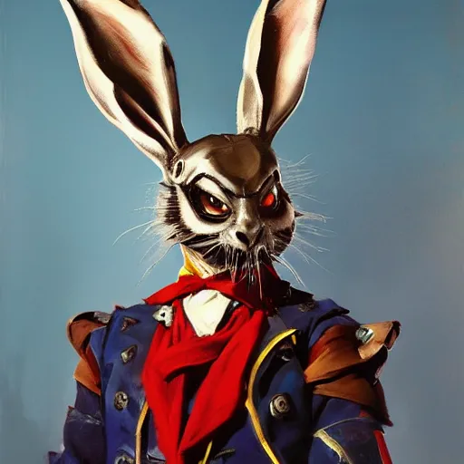 Prompt: greg manchess portrait painting of partially armored of the march hare from alice in wonderland as overwatch character, medium shot, asymmetrical, profile picture, organic painting, sunny day, matte painting, bold shapes, hard edges, street art, trending on artstation, by huang guangjian, gil elvgren, ruan jia, randy vargas, greg rutkowski