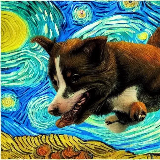 Prompt: corgy dog flying through cosmos, van gogh style