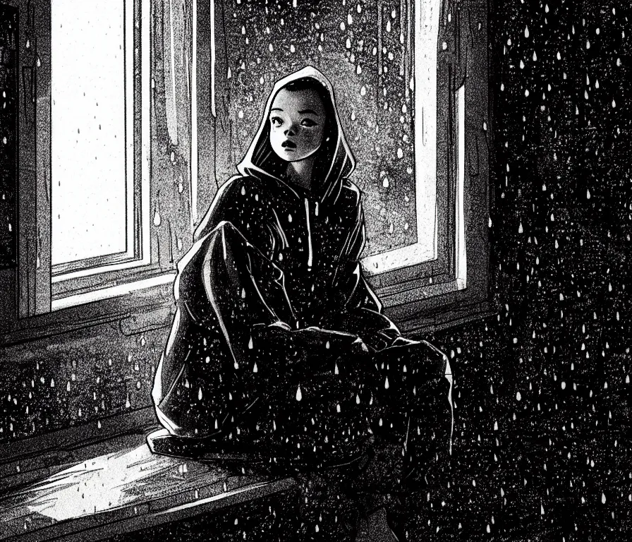 Image similar to sadie sink in hoodie sits on windowsill, knees tucked in | rain falls at night : storyboard, scifi cyberpunk. by gabriel hardman, joe alves, chris bonura. cinematic atmosphere, detailed and intricate, perfect anatomy