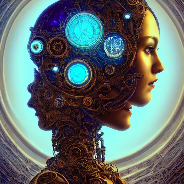 Image similar to beautiful symmetrical face portrait android woman time machine axonometric mechanical fantasy intricate elegant highly detailed in volumetric void of latent space lush flowers intricate jewellery, realm of the gods golden turquoise steampunk, axonometric high contrast cinematic light, mystical shadows, digital painting, sharp focus, octane render, photographic, concept art, artist leonardo davinci, unreal engine 8 k