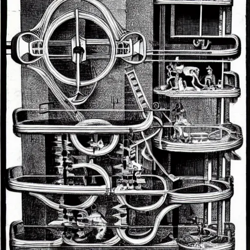 Image similar to rube goldberg music machine designed by escher drawn by da vinci, detailed pen and ink illustration