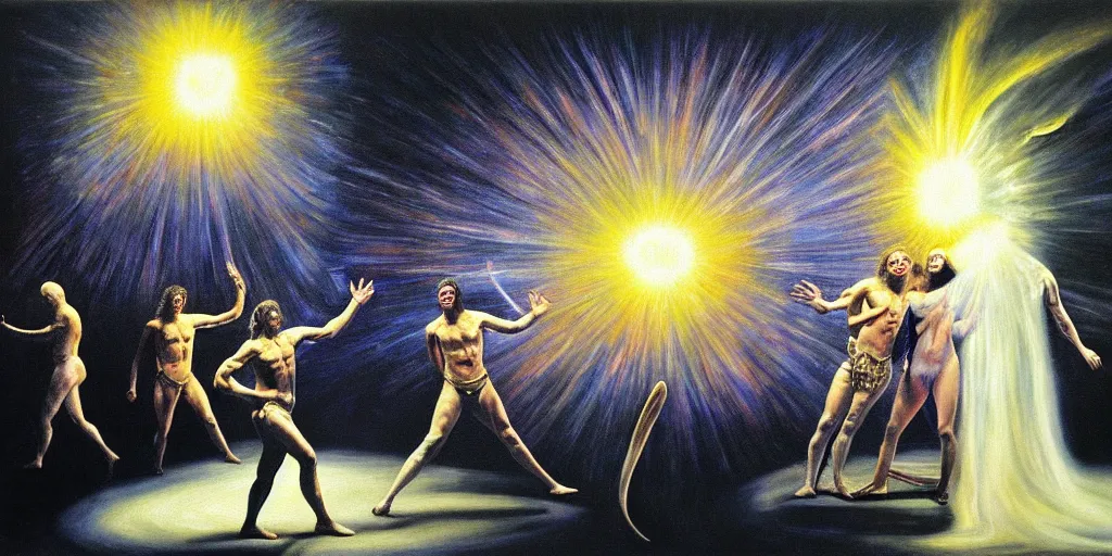 Image similar to ney matogrosso with audience, performing in a supernova with the earth in the background, chiaroscuro, diva gown, escape from earth, high contrast oil painting by gottfried helnwein