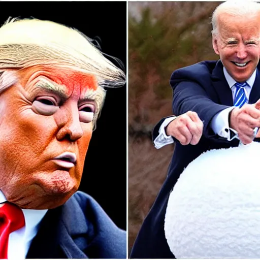 Image similar to donald trump and joe biden making snowman together