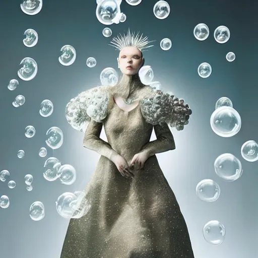 Image similar to medium shot of a woman wearing an armor made of bubbles. soft. fragile. by ray caesar. by louise dahl - wolfe. by anna claren. surreal photography