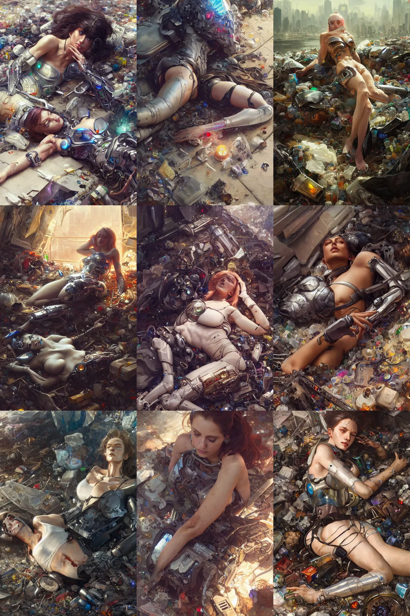 Prompt: Ultra realistic, dead cyborg woman lying among the garbage, cyberpunk, sci-fi, fantasy, intricate, elegant, highly detailed, digital painting, artstation, concept art, smooth, sharp focus, illustration, art by artgerm and greg rutkowski and alphonse mucha