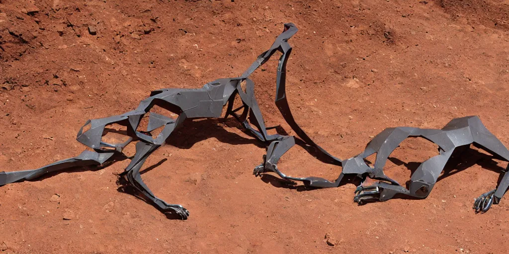 Image similar to giant metal robotic caracal 1 0 0 meters around and 1 million years old discovered after the rain washed away the sand and dirt, in a canyon in the utah desert