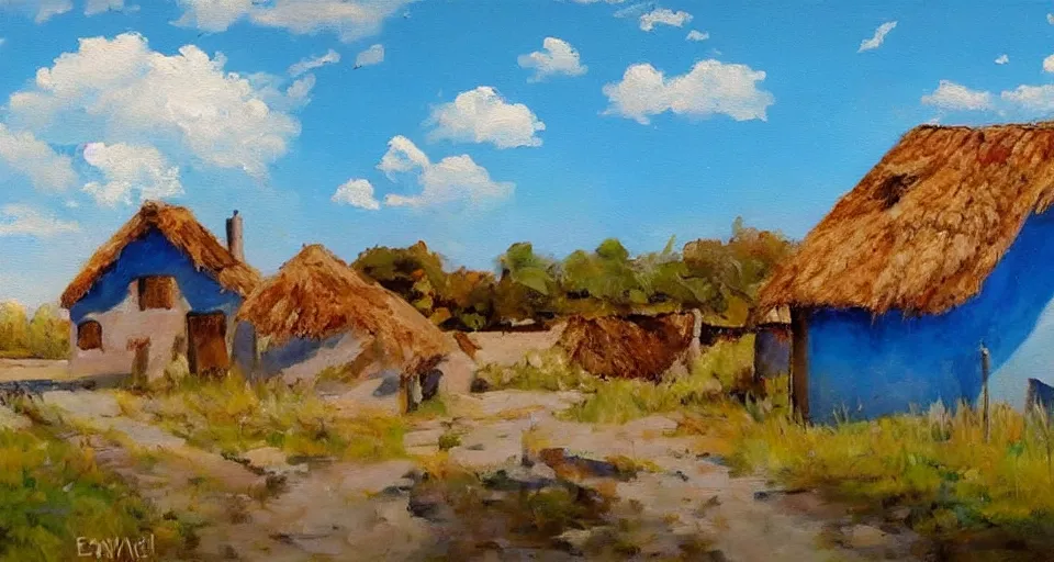 Image similar to an expensive adobe house, blue sky with clouds, beautiful painting, oil on canvas, by ewa czarniecka, award winning masterpiece,