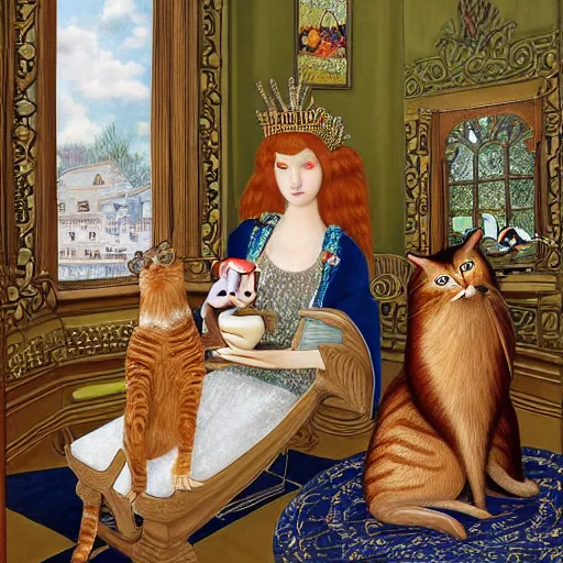 Prompt: a stunning hyper-detailed painting by grant Wood of a slender beautiful woman with straight long ginger hair and bangs, wearing a luxurious silk robe and retro eyeglasses and a jeweled gold crown, posing with her large ginger tabby cat and raccoon and parrots on an elaborate throne in her high-ceiling Victorian living room, holding a porcelain parrot-shaped coffee mug and a donut, perfect eyes, fashion photography, dramatic cinematic lighting, octane render, IBEX Masters, unreal engine, 85 mm lens, paisley wallpaper