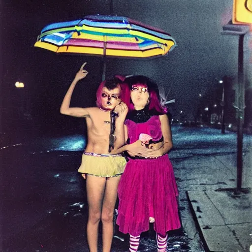 Prompt: night flash color portrait photography of punk kids on the lower east side by diane arbus, colorful!, nighttime!, raining!