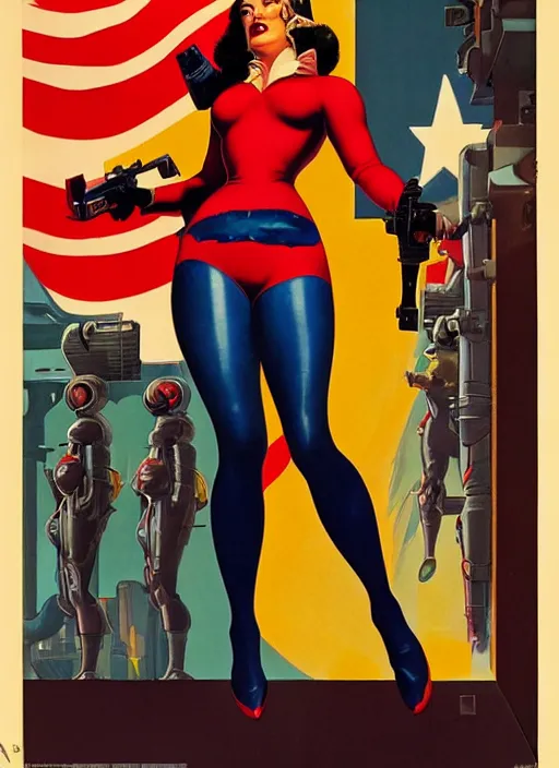 Image similar to american propaganda poster. cyberpunk femme fatale. portrait by jean giraud and anton otto fischer and john philip falter and will eisner and gil elvgren. realistic proportions. tf 2, overwatch.