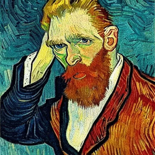 Image similar to white blonde hairy german male making a sales call. oil painting. van gogh