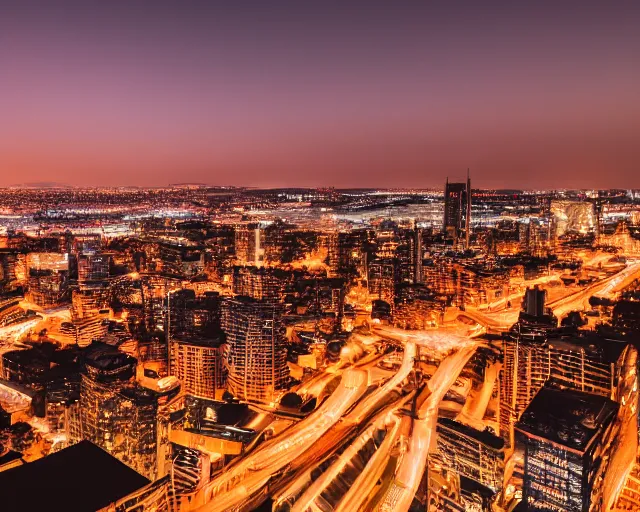 Image similar to a view of a city from a distance at night, a matte painting by konstantinas ciurlionis, featured on unsplash, synchromism, photo taken with nikon d 7 5 0, high dynamic range, nightscape