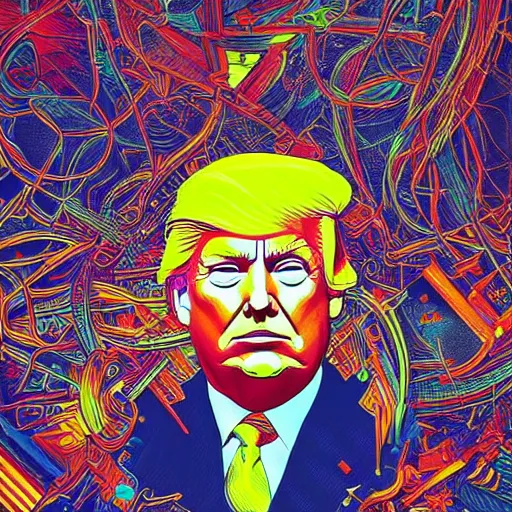 Image similar to the portrait donald trump, an ultrafine detailed illustration by james jean, intricate linework, bright colors, behance contest winner, vanitas, angular, altermodern, unreal engine 5 highly rendered, global illumination, radiant light, detailed and intricate environment