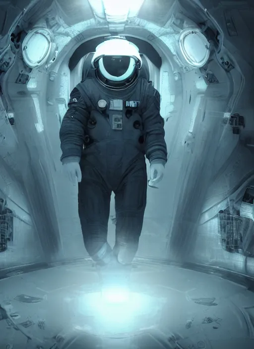 Image similar to concept art by craig mullins astronaut in futuristic dark and empty spaceship underwater. infrared glowing lights. complex and hyperdetailed technical suit. reflection and dispersion materials. rays and dispersion of light. volumetric light. 5 0 mm, f / 3 2. noise film photo. flash photography. unreal engine 4, octane render. interstellar movie art