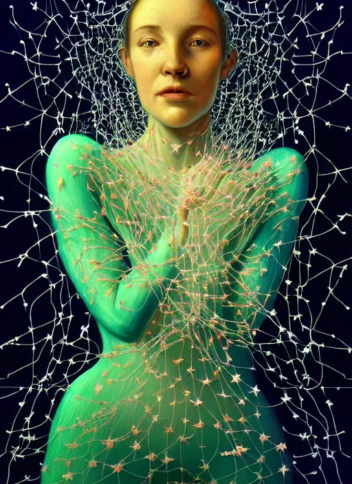 Prompt: hyper detailed 3d render like a Oil painting - Aurora (Singer) Eats of the Strangling network of transparent Fruit and Her delicate Hands hold of gossamer polyp blossoms bring iridescent fungal flowers whose spores black the foolish stars by Jacek Yerka, Mariusz Lewandowski, Houdini algorithmic generative render, Abstract brush strokes, Masterpiece, Edward Hopper and James Gilleard, Zdzislaw Beksinski, Mark Ryden, Wolfgang Lettl, hints of Yayoi Kasuma, octane render, 8k