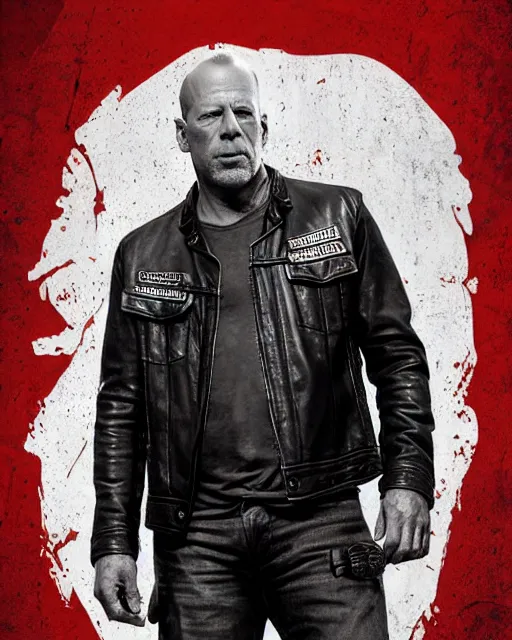 Image similar to Bruce Willis in sons of anarchy tv show, wearing samcrow leather jacket, D&D style , highly detailed, digital art, trending on artstation, smooth, sharp focus, illustration, art by artgem and ROBERT HYNES