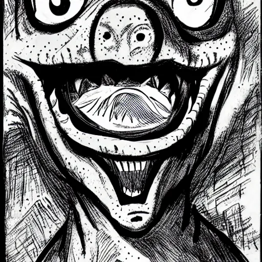 Image similar to a Pop Wonder scary horror themed goofy-hilarious-character-dinosaur-demon, dime-store-comic drawn with charcoal and pen and ink, half-tone-line-stacking